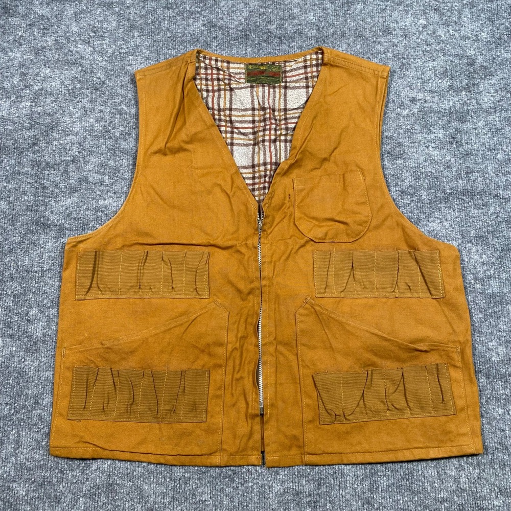 Vintage Stream and Field Men Brown Canvas Hunting‎ Vest Plaid Lined Game Bag L
